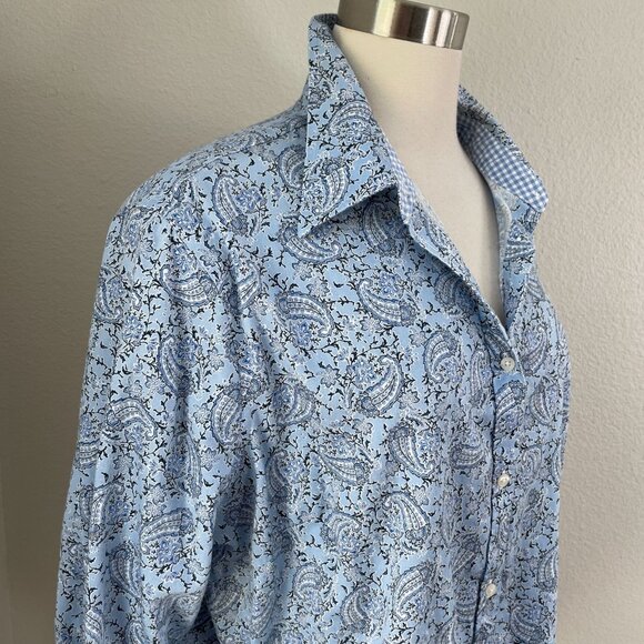 Chaps Womens Plus 1X Blue Paisley No Iron Button Up Shirt 3/4 Sleeve Blouse - Picture 2 of 11